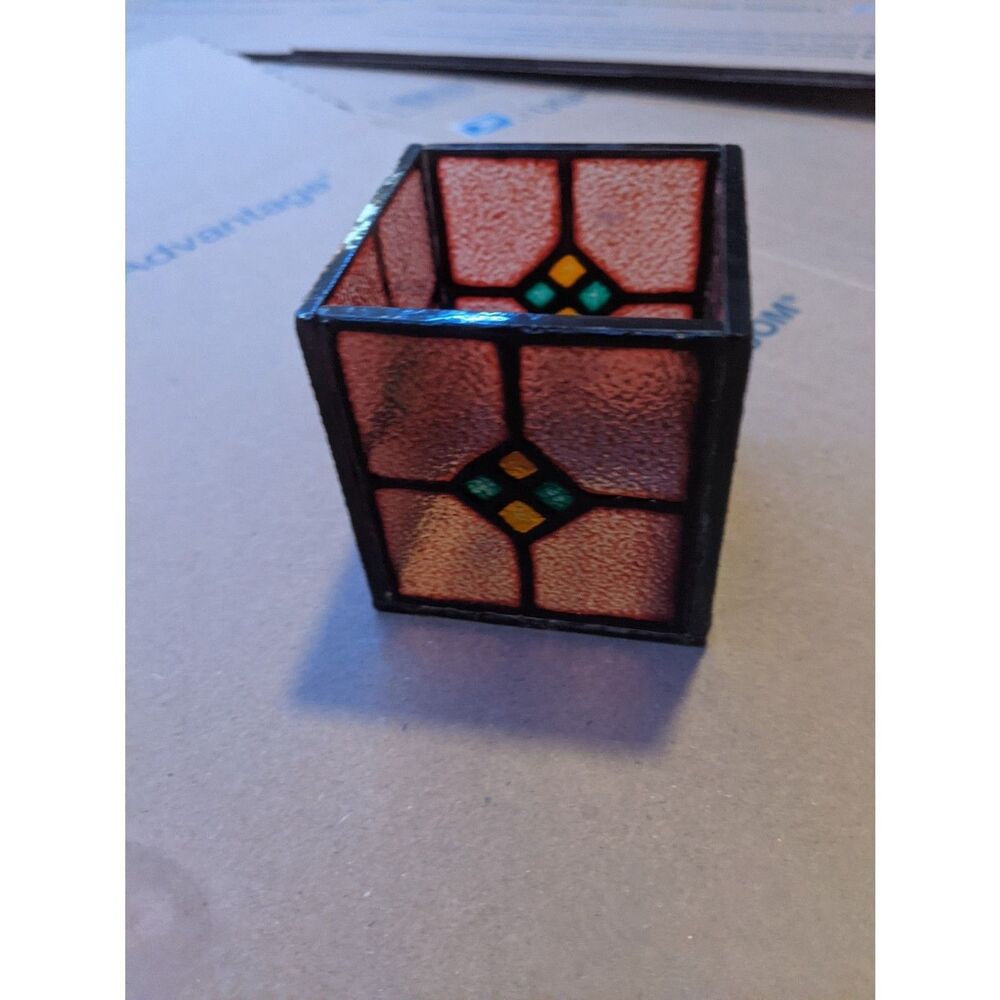 Stained Glass Art Cube Vase Geometric Mosaic Boho MCM Decor Box Container